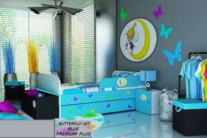 Łóżko dziecięce tapicerowane BUTTERFLY HIT BLUE PREMIUM PLUS + Szuflada i Materac 140x80cm - versito