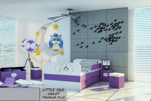 Łóżko dziecięce tapicerowane LITTLE OWL VIOLET PREMIUM PLUS + Szuflada i Materac 140x80cm - versito