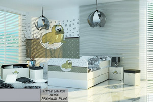 Łóżko dziecięce tapicerowane LITTLE WALRUS BEIGE PREMIUM PLUS + Szuflada i Materac 140x80cm - versito