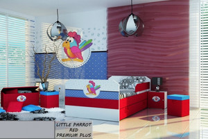 Łóżko dziecięce tapicerowane LITTLE PARROT RED PREMIUM PLUS + Szuflada i Materac 140x80cm - versito