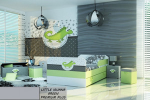 Łóżko dziecięce tapicerowane LITTLE IGUANA GREEN PREMIUM PLUS + Szuflada i Materac 160x80cm - versito