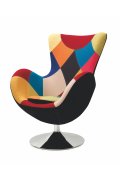 Fotel uszak, wypoczynkowy, patchwork, wielobarwny, na obrotowej podstawie chromowanej