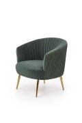 Fotel do salonu, glamour, klasyczny, kolor ciemno zielony, na złotych nogach, z otulającym oparciem, tkanina velvet