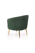 Fotel do salonu, glamour, klasyczny, kolor ciemno zielony, na złotych nogach, z otulającym oparciem, tkanina velvet