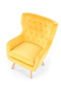 Fotel do salonu, klasyczny, tradycyjny, typu uszak, żółta tapicerka, nóżki drewniane, oparcie pikowane