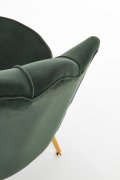 Fotel do salonu, glamour, w kształcie muszli, ciemny zielony ze złotymi nóżkami, tkanina velvet