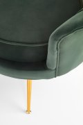 Fotel do salonu, glamour, w kształcie muszli, ciemny zielony ze złotymi nóżkami, tkanina velvet