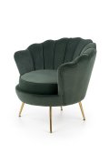 Fotel do salonu, glamour, w kształcie muszli, ciemny zielony ze złotymi nóżkami, tkanina velvet