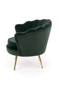 Fotel do salonu, glamour, w kształcie muszli, ciemny zielony ze złotymi nóżkami, tkanina velvet