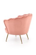 Fotel do salonu, glamour, w kształcie muszli, jasny różowy ze złotymi nóżkami, tkanina velvet