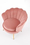 Fotel do salonu, glamour, w kształcie muszli, jasny różowy ze złotymi nóżkami, tkanina velvet