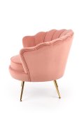 Fotel do salonu, glamour, w kształcie muszli, jasny różowy ze złotymi nóżkami, tkanina velvet