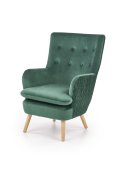 Fotel do salonu klasyczny, kolor ciemny zielony, nóżki drewniane naturalne