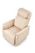 Fotel do salonu, funkcja relax, beżowa ekoskóra, funkcja kołyski i elektryczngo rozkładania