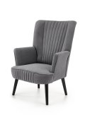Fotel do salonu klasyczny, tkanina velvet, kolor popielaty i nóżki drewniane w kolorze czarnym