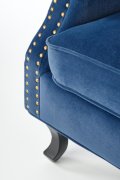 Fotel do salonu klasyczny, kolor granatowy, tkanina velvet, nóżki drewniane czarne