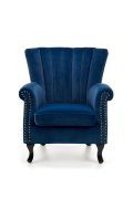 Fotel do salonu klasyczny, kolor granatowy, tkanina velvet, nóżki drewniane czarne