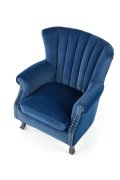 Fotel do salonu klasyczny, kolor granatowy, tkanina velvet, nóżki drewniane czarne
