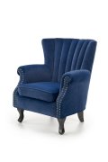 Fotel do salonu klasyczny, kolor granatowy, tkanina velvet, nóżki drewniane czarne