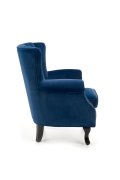 Fotel do salonu klasyczny, kolor granatowy, tkanina velvet, nóżki drewniane czarne