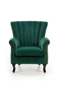 Fotel do salonu klasyczny, kolor ciemny zielony, tkanina velvet, nóżki drewniane czarne