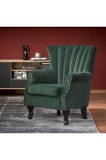 Fotel do salonu klasyczny, kolor ciemny zielony, tkanina velvet, nóżki drewniane czarne