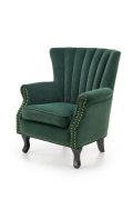 Fotel do salonu klasyczny, kolor ciemny zielony, tkanina velvet, nóżki drewniane czarne