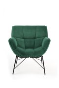 Fotel do salonu, nowoczesny, ciemny zielony, na czarnych metalowych nogach, tkanina velvet