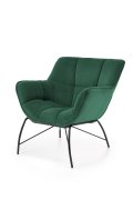 Fotel do salonu, nowoczesny, ciemny zielony, na czarnych metalowych nogach, tkanina velvet