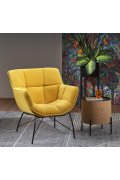 Fotel do salonu, nowoczesny, żółty, na czarnych metalowych nogach, tkanina velvet