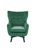 Fotel do salonu, klasyczny, tradycyjny, typu uszak, ciemnozielona tapicerka, nóżki czarne drewniane, oparcie pikowane