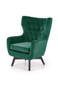 Fotel do salonu, klasyczny, tradycyjny, typu uszak, ciemnozielona tapicerka, nóżki czarne drewniane, oparcie pikowane
