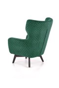 Fotel do salonu, klasyczny, tradycyjny, typu uszak, ciemnozielona tapicerka, nóżki czarne drewniane, oparcie pikowane