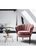 Fotel do salonu, nowoczesny, w kształcie muszelki, kolor różowy i czarne nóżki, tkanina velvet