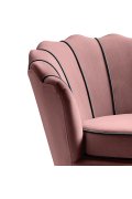 Fotel do salonu, nowoczesny, w kształcie muszelki, kolor różowy i czarne nóżki, tkanina velvet