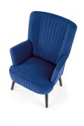 Fotel do salonu klasyczny, tkanina velvet, kolor granatowy i nóżki drewniane w kolorze czarnym