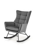 Fotel do salonu, bujany, nowoczesny, popiel, na czarnych drewnianych płozach, tkanina velvet