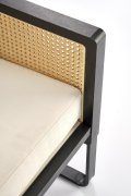Fotel do salonu, nowoczesny, boho, kolor naturalny z czarnym stelażem, tkanina velvet, rattan syntetyczny
