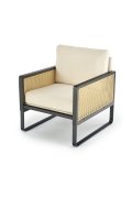 Fotel do salonu, nowoczesny, boho, kolor naturalny z czarnym stelażem, tkanina velvet, rattan syntetyczny