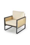 Fotel do salonu, nowoczesny, boho, kolor naturalny z czarnym stelażem, tkanina velvet, rattan syntetyczny