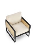 Fotel do salonu, nowoczesny, boho, kolor naturalny z czarnym stelażem, tkanina velvet, rattan syntetyczny