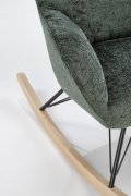 Fotel do salonu, bujany, nowoczesny, kolor ciemny zielony, na płozach drewnianych.