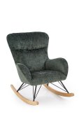 Fotel do salonu, bujany, nowoczesny, kolor ciemny zielony, na płozach drewnianych.