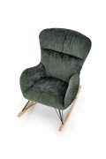 Fotel do salonu, bujany, nowoczesny, kolor ciemny zielony, na płozach drewnianych.