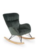 Fotel do salonu, bujany, nowoczesny, kolor ciemny zielony, na płozach drewnianych.