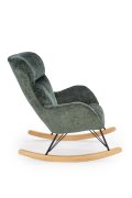 Fotel do salonu, bujany, nowoczesny, kolor ciemny zielony, na płozach drewnianych.