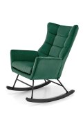 Fotel do salonu, bujany, nowoczesny, ciemny zielony, na czarnych drewnianych płozach, tkanina velvet