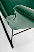 Fotel do salonu, bujany, nowoczesny, ciemny zielony, na czarnych drewnianych płozach, tkanina velvet