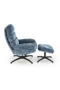 Niebieski fotel z podnóżkiem i funkcją kołysania na czarnym krzyżaku