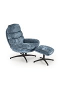 Niebieski fotel z podnóżkiem i funkcją kołysania na czarnym krzyżaku